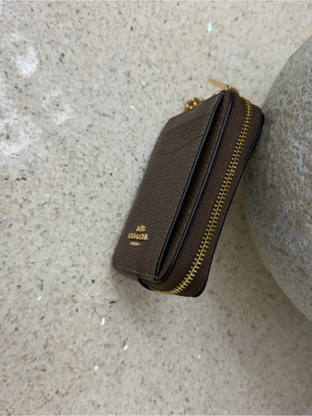 Coach Brown Pebbled Leather Card Holder with Gold Chain